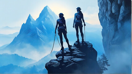 Silhouette of two hikers with trekking poles on the rock. - obrazy, fototapety, plakaty