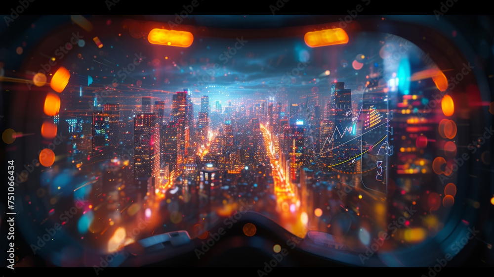 Aufkleber a futuristic cityscape is seen through the glass of a virtual reality headset with charts and graphs