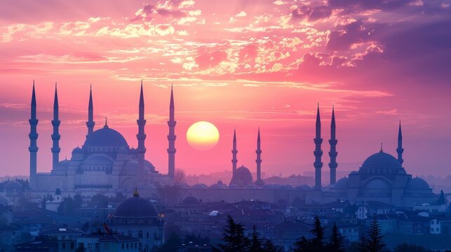 The city's skyline is graced with the silhouettes of mosques and minarets against a breathtaking sunset, painting the sky with hues of purple and orange.