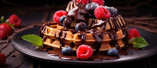 A rich chocolate cake is topped with vibrant red raspberries and generously drizzled with luscious chocolate sauce, creating a tempting and indulgent dessert option.