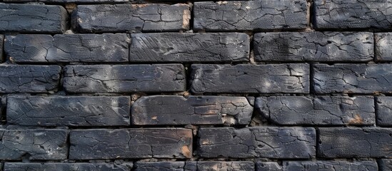 This close-up shot showcases the details of a black brick wall, highlighting the textured surface and vintage aesthetic. The dark color of the bricks creates a striking visual impact.