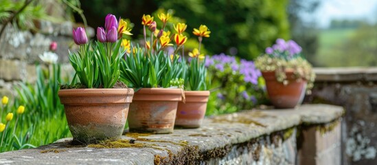 A line of potted plants with blooming flowers is neatly arranged on top of a stone wall in an English garden during spring. The vibrant plants contrast beautifully against the weathered stones under