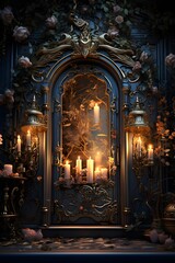 Luxurious interior with a door, candles and flowers. 3d rendering