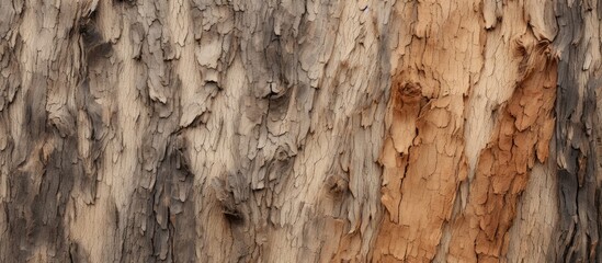 This close-up view reveals the intricate patterns and textures of the bark on a tree. The rough surface, with its cracks and crevices, provides a natural backdrop for the ecosystem of the tree.