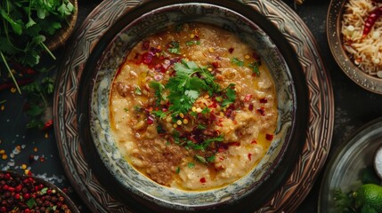 Haleem: A stew made from wheat, lentils, meat, and spices, often slow-cooked overnight.South Asia.Ramadan foods. - obrazy, fototapety, plakaty