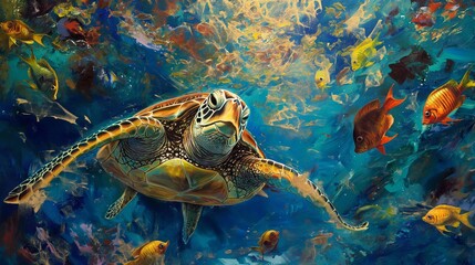 A mesmerizing shot of a sea turtle gliding through the water, surrounded by colorful schools of fish.