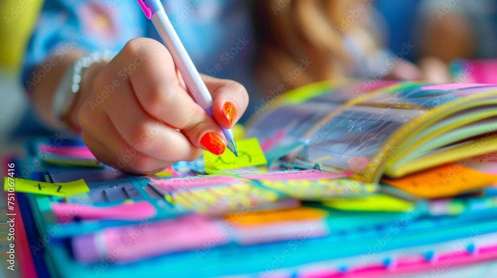 Poster a students hand flipping through a planner filled with colorful sticky notes and reminders preparing