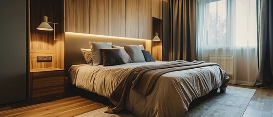 Comfortable bed with large wardrobe and lamp on wooden table in spacious modern bedroom at home