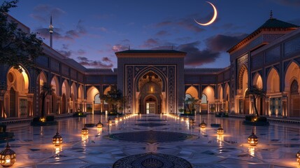 A tranquil mosque courtyard at twilight, with lanterns casting soft light on intricate tile work, and a crescent moon rising in the sky.