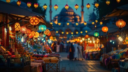 A lively night market in a Middle Eastern bazaar, with glowing lanterns dotting the sky and streets filled with vendors and visitors, showcasing the diversity of culture and commerce. - obrazy, fototapety, plakaty