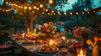 The atmosphere of a dinner party in the garden, decorated with warm lights and floral decorations, offers a great experience - obrazy, fototapety, plakaty