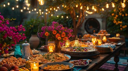 The atmosphere of a dinner party in the garden, decorated with warm lights and floral decorations, offers a great experience