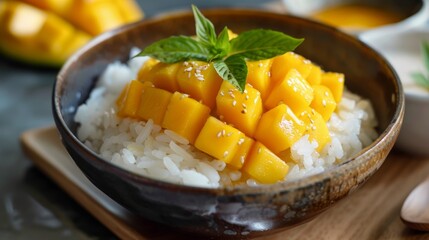 Mango sticky rice: Sweet sticky rice served with fresh mango and coconut milk.Southeast...