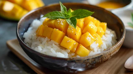 Foto op Canvas Mango sticky rice: Sweet sticky rice served with fresh mango and coconut milk.Southeast Asia.Ramadan foods. © kamonrat