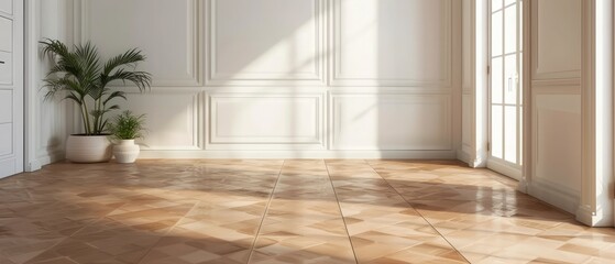 Fototapeta premium Contemporary ordinary design of spacious studio in soft warm colors. Simple furniture. Light large room with sunlight. Daytime. Tiled brown floor and white walls with decorative panel.