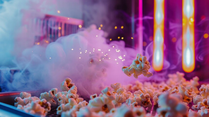 The hot air vent at the back of the machine releasing small puffs of steam as the popcorn pops and expands.