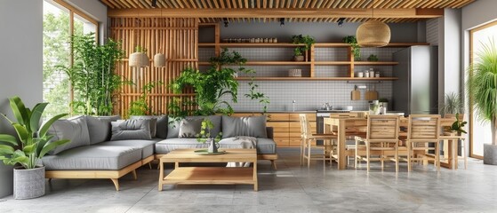 Cosy wooden sustainable living room and kitchen in gray tones with bamboo ceiling. Sofa, dining...