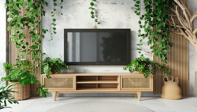 Luxury wall living room, modern flat television on brown wood panel wall, leather sofa, mid century style shelf in sunlight from window for interior design background, tv screen with decoration