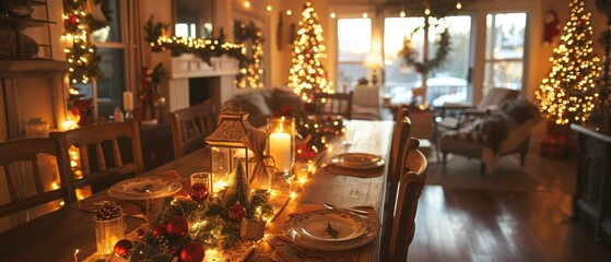 Fototapeta na wymiar Cozy dining room decorated for Christmas. Interior design