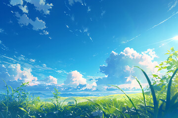 Blue sky, white clouds and green lawn in spring and summer