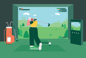 Indoor screen golf driving range background. A back view of a person practicing a golf swing in front of a screen.