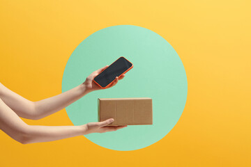 Hands holding cardboard box and smartphone