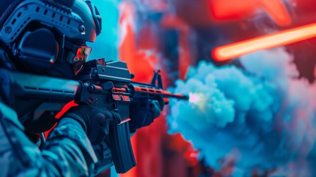 Smoke rising from the barrel of a virtual gun as a player takes aim and fires off a crucial shot in the Silent Assassins eSports Encounter.