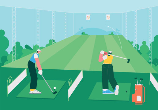 The background of a golf driving range made of a large net. A back view of people practicing their golf swing.