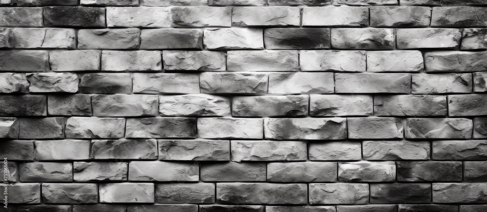 Poster a detailed close-up shot of a textured black and white brick wall, showcasing the stark contrast bet