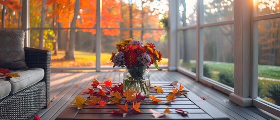 Cozy screened porch with contemporary furniture and flower bouquet in a vase, autumn leaves and woods in the background. - obrazy, fototapety, plakaty