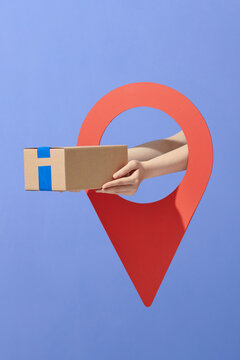 Courier delivering parcels in a GPS pin: express delivery