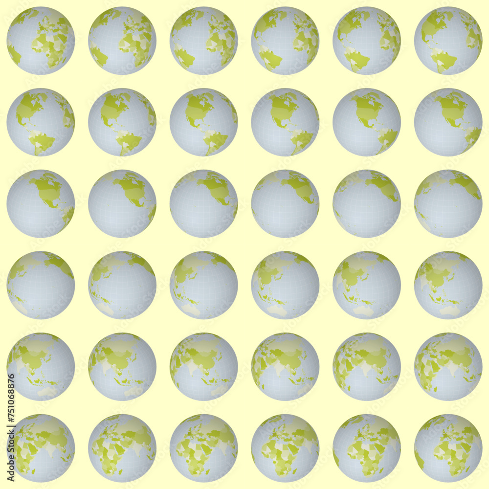 Poster collection of planet globes. slanted sphere view. rotation step 10 degrees. colored countries style.