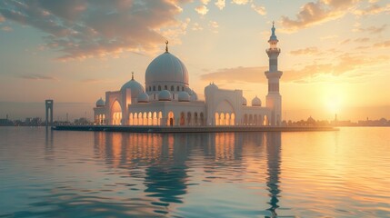 A tranquil evening falls upon a majestic mosque, its beauty enhanced by reflective courtyards and floating lanterns that cast a serene glow on the sacred architecture.