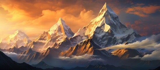A painting showcasing the towering peaks of the Himalayan mountain range, shrouded in misty clouds under a blue sky. The mountain dominates the scene as the clouds drift by. - obrazy, fototapety, plakaty