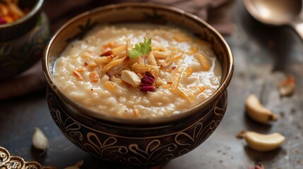 Sheer Khurma: A rich pudding made with vermicelli, milk, nuts, and dried fruits.Ramadan Desserts. - obrazy, fototapety, plakaty