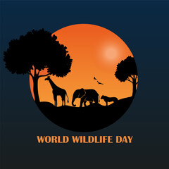 World wildlife day with animals in the forest Vector, Happy world wildlife day. World wildlife day vector.