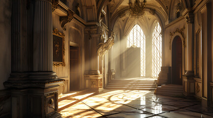 Fototapeta premium interior of the cathedral while light is coming into the castle, Generative AI