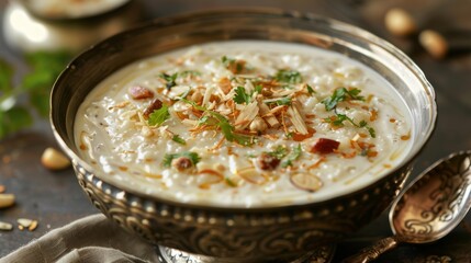Sheer Khurma: A rich pudding made with vermicelli, milk, nuts, and dried fruits.Ramadan Desserts. - obrazy, fototapety, plakaty