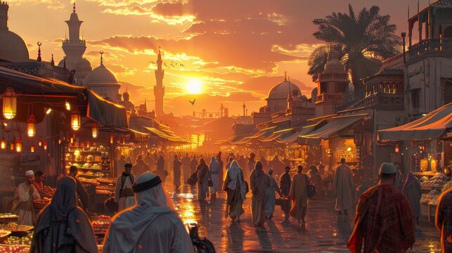 A bustling street scene at sunset in a historic city, with vendors selling dates and sweet treats for Iftar, and the call to prayer echoing in the background.