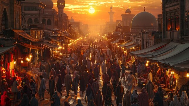 A bustling street scene at sunset in a historic city, with vendors selling dates and sweet treats for Iftar, and the call to prayer echoing in the background.