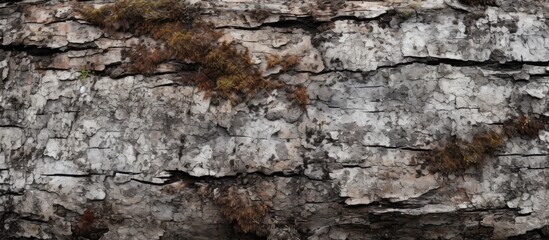 This close up shot showcases a tree trunk covered in moss, creating a textured and weathered appearance. The gray and brown colors, rough surface, and presence of lichen add to its aged aesthetic.