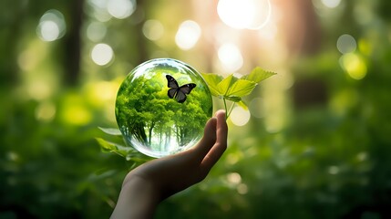 A hand holding a glass ball with a forest and a butterfly inside