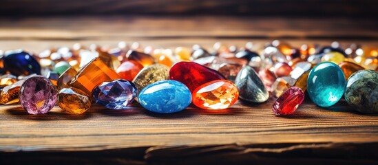 Various brightly colored stones are scattered on top of a weathered wooden table, creating a vibrant and textured display.