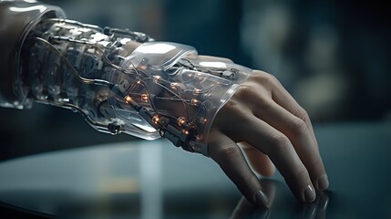 A cyborg's hand with glowing yellow lights and visible wires. - obrazy, fototapety, plakaty