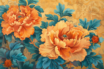 Blooming peony flower illustration, national trend peony landscape illustration