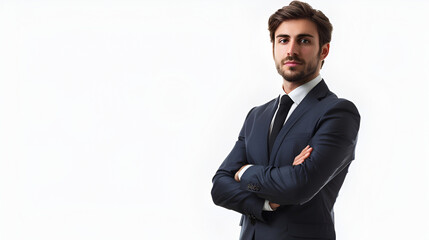 Fototapeta premium A businessman is standing with an elegant and charming face, the man is standing on the right of the frame, an empty space on the left is used to write text for photo editing