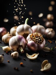 Fresh garlic and peppers, cinematic food photography, floating in the air