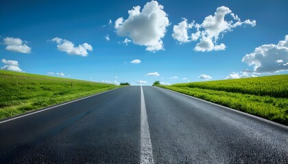 Fototapeta premium Asphalt road through the green field and clouds on blue sky in summer day