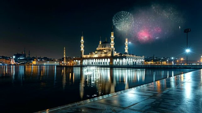 Mosque scene with fireworks background, animated virtual repeating seamless 4k	
