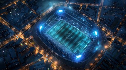 Aerial View of Lit Stadium at Night